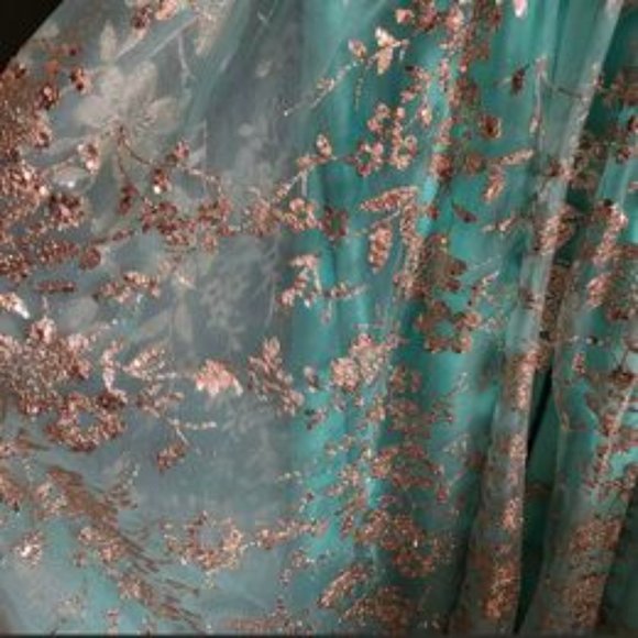 Teal and Gold Floral Prom Dress - Picture 7 of 10